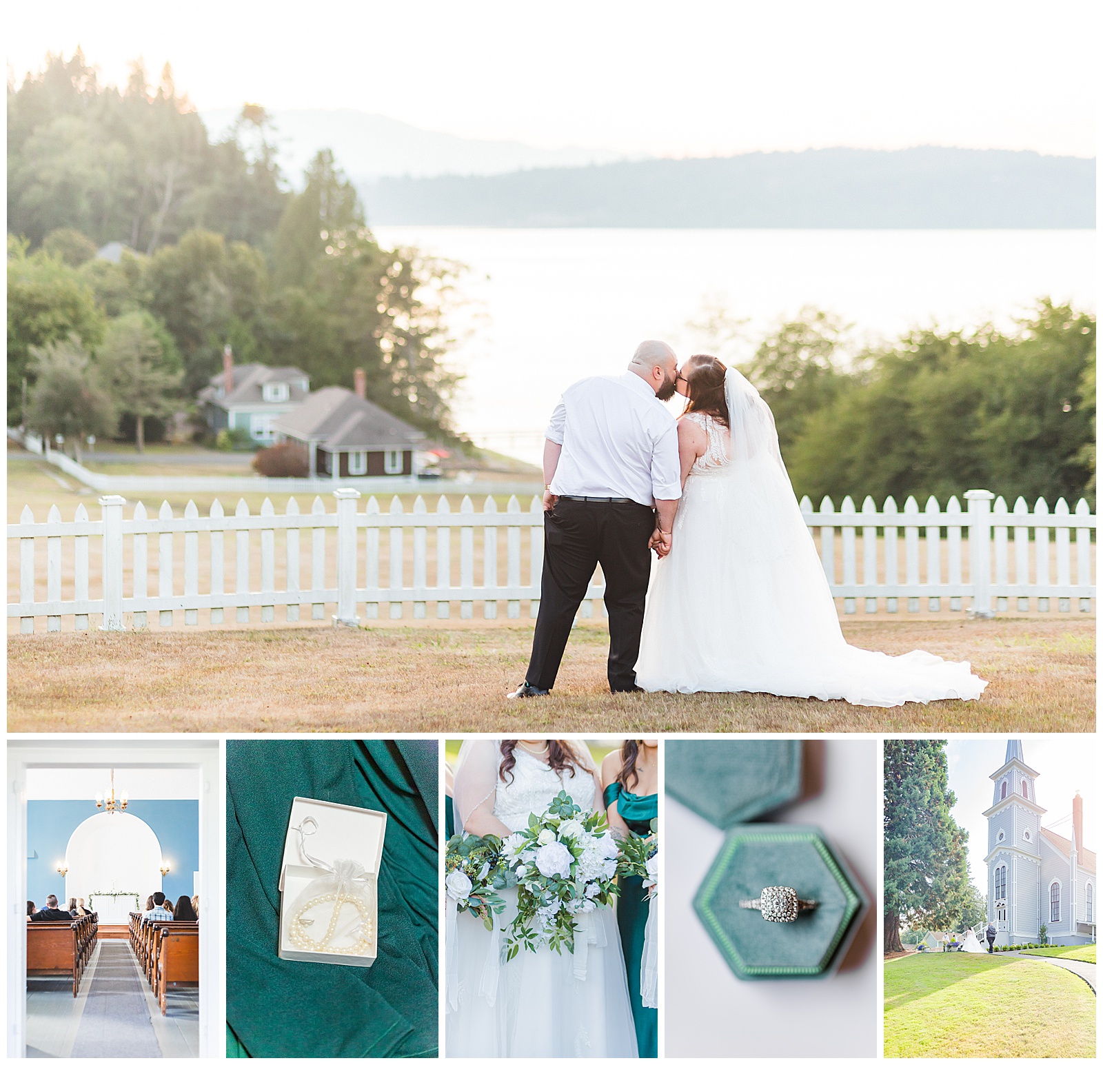 blog header image, groom and bride kissing, st pauls church alter, close up of pearls on emerald green dress, bride holding silk flowers bouquet, close up of engagement ring in emerald green ring box, bride and groom walking up the path to st pauls church
