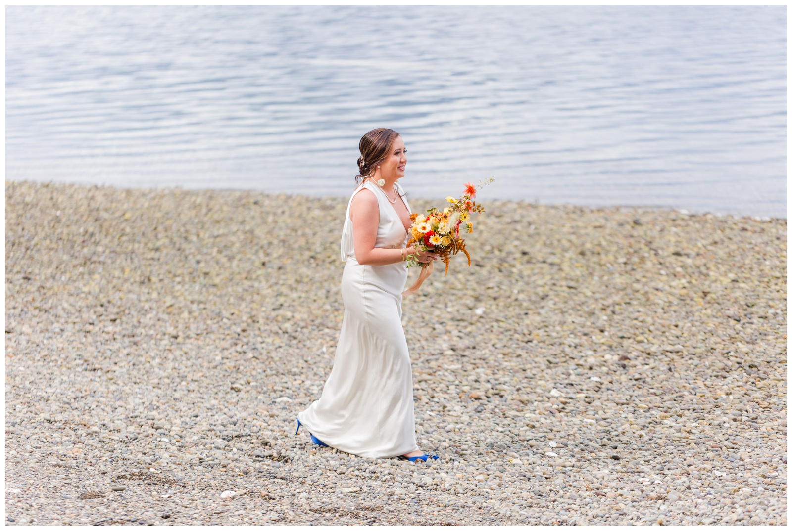 Bride walking to ceremony site at Seabeck elopement