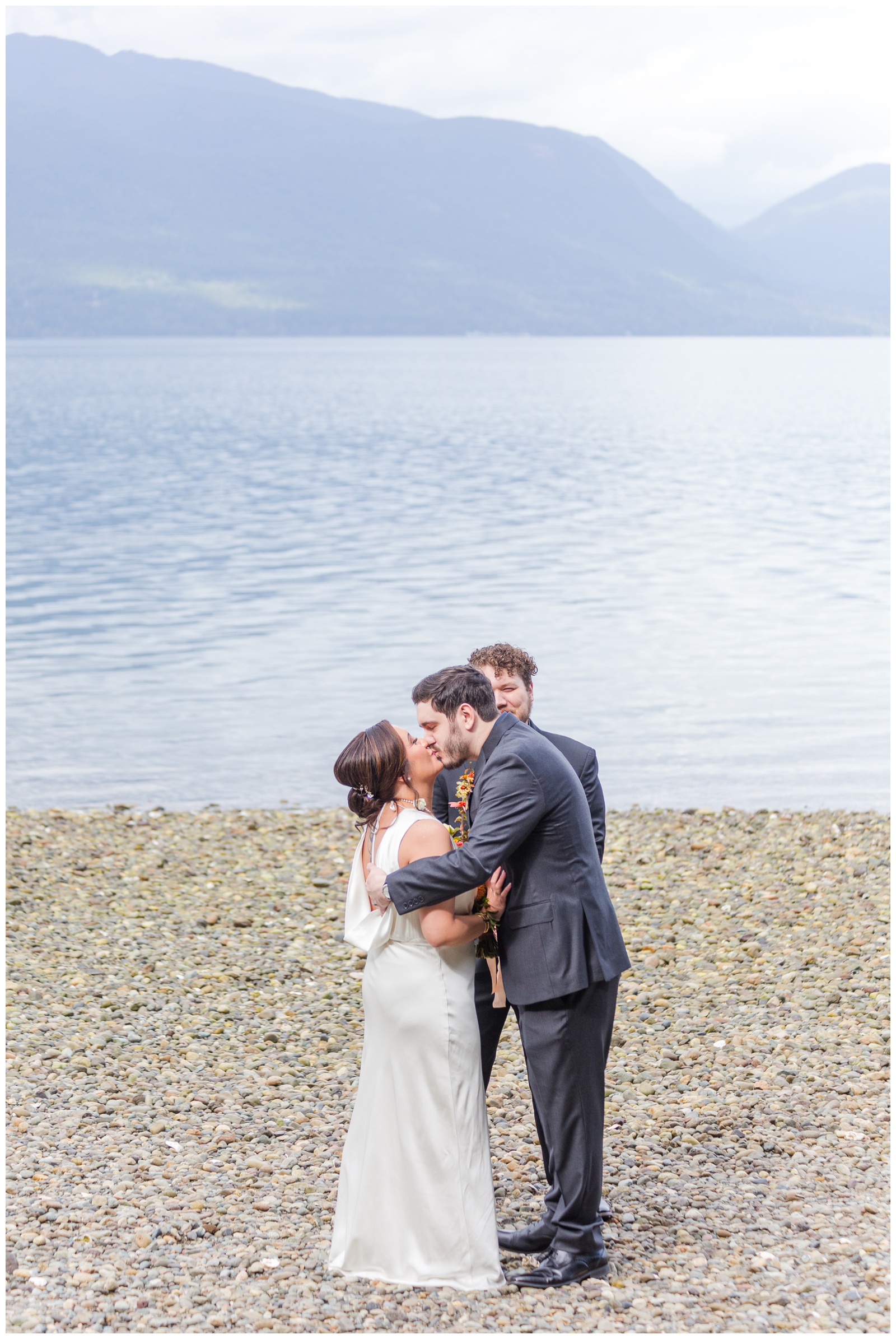 Seabeck elopement, bride and groom first kiss