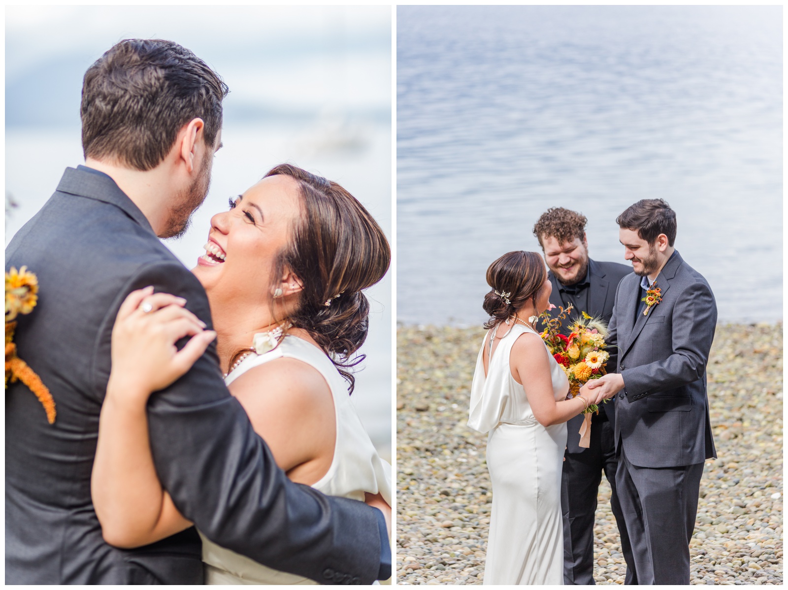 Seabeck elopement, bride and groom smiling and laughing